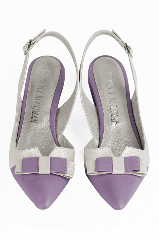 Lilac purple and off white women's open back shoes, with a knot. Tapered toe. Low comma heels. Top view - Florence KOOIJMAN